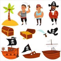 accesorios piratas ilustración de un conjunto de piratas, velas, barcos, oro, espada, isla calavera y tesoro. vector