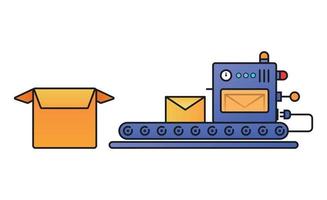 Automation production line machine. Process of boxes packing on conveyor flat vector illustration icon. Manufacturer, mail warehouse concept startup company. Concept for banner, website, landing