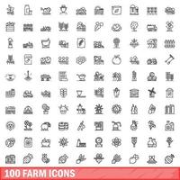 100 farm icons set, outline style vector