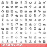 100 garden icons set, outline style vector