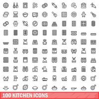 100 iconos de cocina, estilo de esquema vector