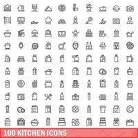 100 kitchen icons set, outline style vector