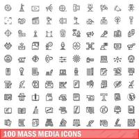 100 mass media icons set, outline style vector