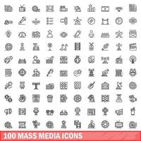 100 mass media icons set, outline style vector