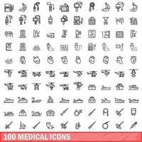 100 medical icons set, outline style vector