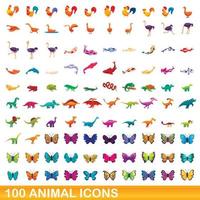 100 animales, conjunto de iconos de estilo de dibujos animados vector