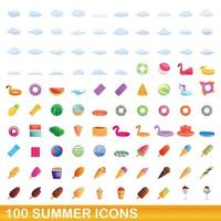 100 summer icons set, cartoon style vector