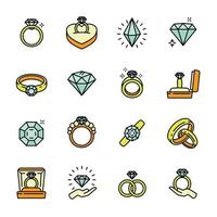 conjunto de iconos de anillo de diamantes vector de contorno. mujer novia