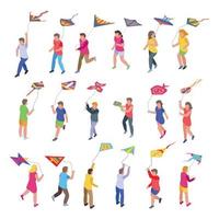 Kids playing with kite icons set, isometric style vector