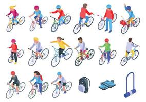 Kids cycling icons set, isometric style vector