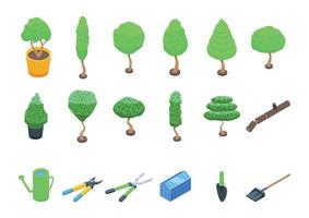 Tree trimming icons set isometric vector. Chainsaw tree vector