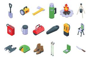 Equipment for hike icons set, isometric style vector