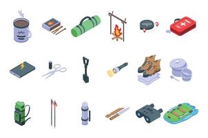 Expedition icons set isometric vector. Hiker adventure vector