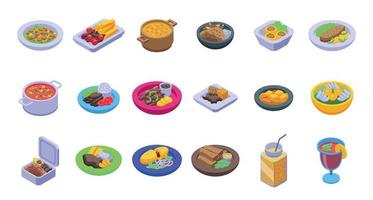 Caribbean cuisine icons set isometric vector. Chicken rice vector