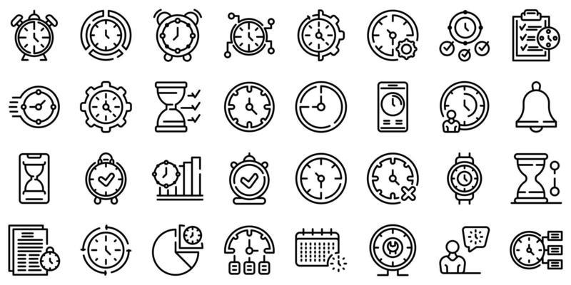 Time management icons set, outline style