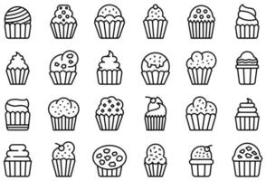 Muffin icons set, outline style vector