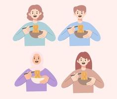 gente comiendo ilustración de fideos ramen vector