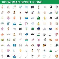 100 woman sport icons set, cartoon style