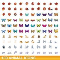 100 animales, conjunto de iconos de estilo de dibujos animados vector