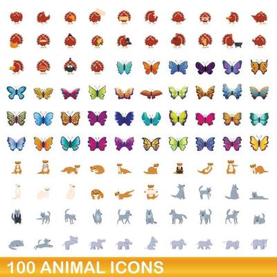 100 animal icons set, cartoon style