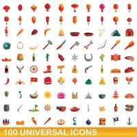 100 universal icons set, cartoon style vector