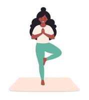 mujer negra haciendo yoga. estilo de vida saludable, cuidado personal, yoga, meditación, bienestar mental vector