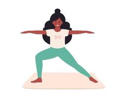 Black woman doing yoga. Healthy lifestyle, self care, yoga, meditation, mental wellbeing vector