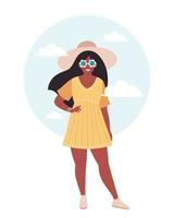 mujer negra con sombrero y gafas retro. hola verano, hora de verano, vacaciones vector