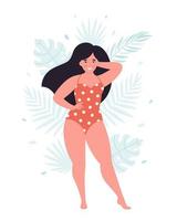 atractiva mujer con sobrepeso en traje de baño sobre fondo de hojas tropicales. hola verano, hora de verano, vacaciones vector