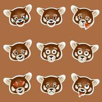 set of 9 vector emoji with red panda face , colored