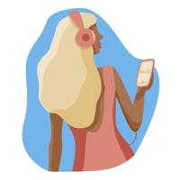 Girl flat character listens music in headphones from phone, woman with phone in hand. Blonde lady enjoy sound audiobook or meditation vector illustration
