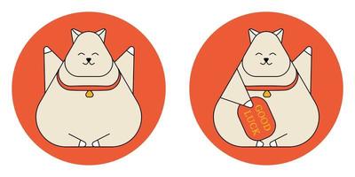 Good luck japan symbol maneki neko cream cat icon, cute hands up cat japanese gold red style vector illustration