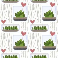 Seamless pattern with cactus and succulent in glass terrarium with gift heart notes on bottle. Exotic home plants for wrapping paper, florist shop design, linen textile vector illustration