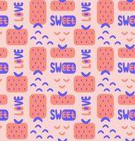 Abstract minimal memphis style seamless pattern with geometric shape strawberry, blue arcs, sweet and love hand drawn text, modern background vector illustration