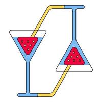 Cocktail glass with strawberry and tube. All are in triangular shape with rounded edges, vector icon of two mirrored glasses