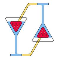 Cocktail glass with strawberry and tube. All are in triangular shape with rounded edges, vector icon of two mirrored glasses