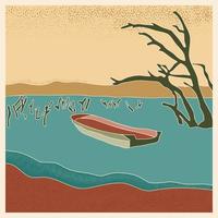 Abstract retro landscape poster. Stylized boat in lake with dry tree trunks, mountains on the horizon vector illustration with noises