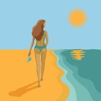 dama atlética en traje de baño caminando en la playa con sandalias en la mano, mujer delgada con el pelo largo en la ilustración abstracta del vector de fondo marino