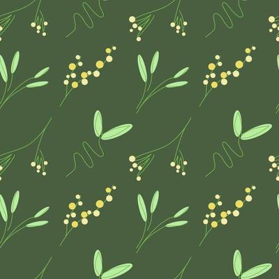 Seamless minimalistic floral pattern of yellow mimosa flowers and green bamboo branches with leaves and grass on deep green background vector illustration for fabric textile