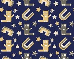 Seamless magical kids pattern, cat with wand, boho rainbows and stars. Baby nursery pattern. Cream, desert mist, grey colors vector illustration