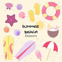 ilustración de diseño plano de la colección de elementos de playa de verano con conchas de colores, flip flop, tabla de surf, coco, paraguas y helado. se puede utilizar para iconos o carteles. vector