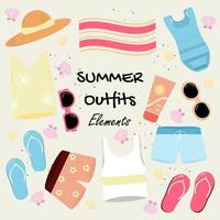 Flat design illustration of summer outfits element collection with hat, swimsuit, t-shirt, glasses, sunscreen, and flip flops. Can be used for icons or posters. vector