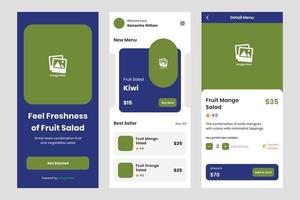 vector de plantilla de diseño de interfaz de usuario móvil de aplicación de verduras de frutas de ensalada de diseño. diseño adecuado para android e ios
