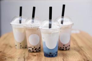 Butterfly pea milk bubble tea with tapioca pearls. photo