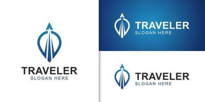 traveler agency logo with pin map location transport, airplane launch logo template vector