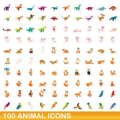 100 animal icons set, cartoon style