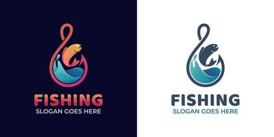 logotipos degradados modernos de anzuelos con océano de olas con pescado fresco para pescar y logotipo de pescador vector