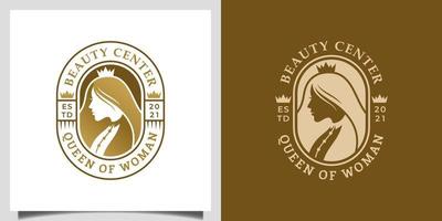 elegante reina mujer pelo largo con concepto de diseño de corona para peluquería, diseño de logotipo de salón de belleza vector