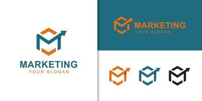 hexagonal letter M with statistics arrow upper or growth icon for business start up logo template vector