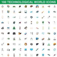 100 technological world icons set, cartoon style vector